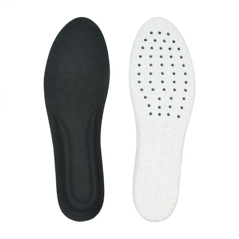 black sole, semelle noire et blanche, sports insoles, comfortable insoles, foot support, cushioning technology, breathable insoles, shock absorption, exercise comfort, ergonomic insoles, fatigue reduction, foot pain prevention,